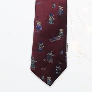 Vintage 1980s 80s Stringbeans Red Bear Fishing Print Fisherman Necktie Tie